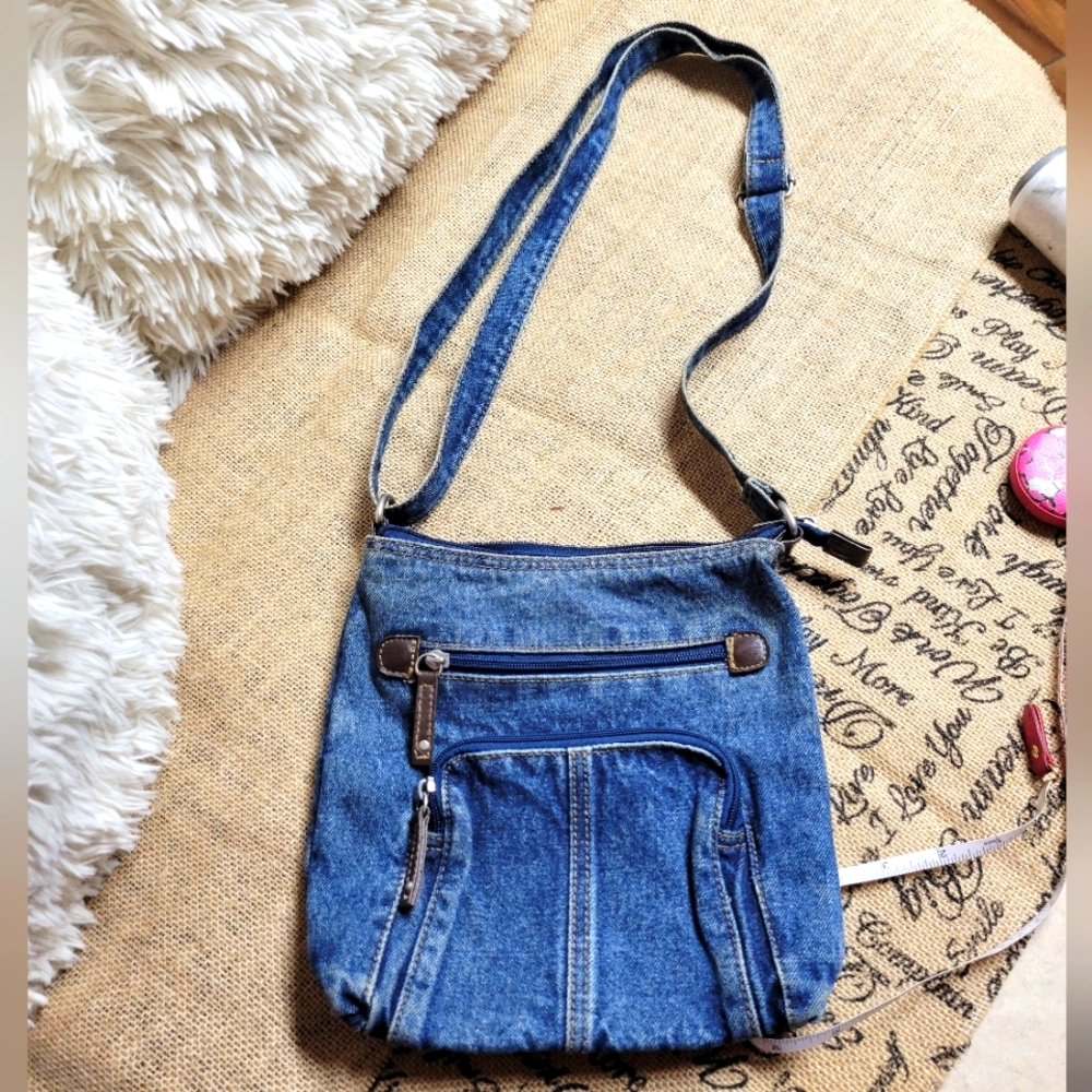 Vintage blue Jean with leather accents adjustable strap crossbody